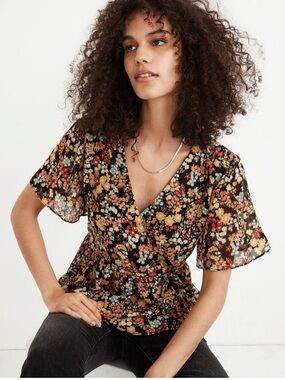 Madewell Short-Sleeve Peplum Wrap Top in Flower Garden